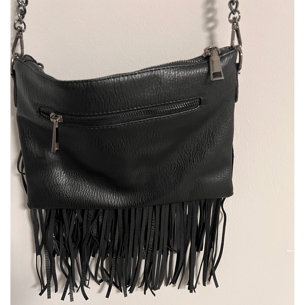 MMS Black Fringe Crossbody Bag Small Faux Leather Gunmetal Chain Boho Rockstar - Picture 2 of 11